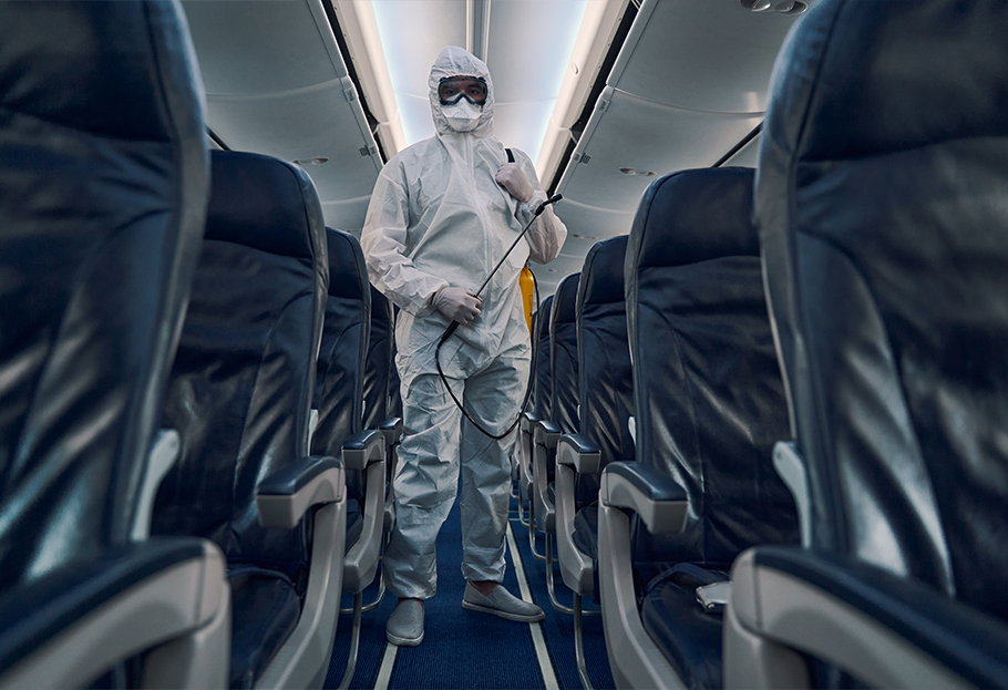 Maintenance Crew Wearing Respirator on an Airplane