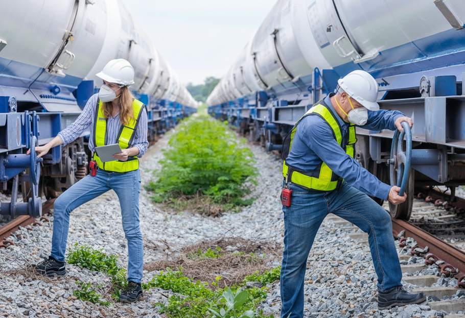 People working on railway with respirators